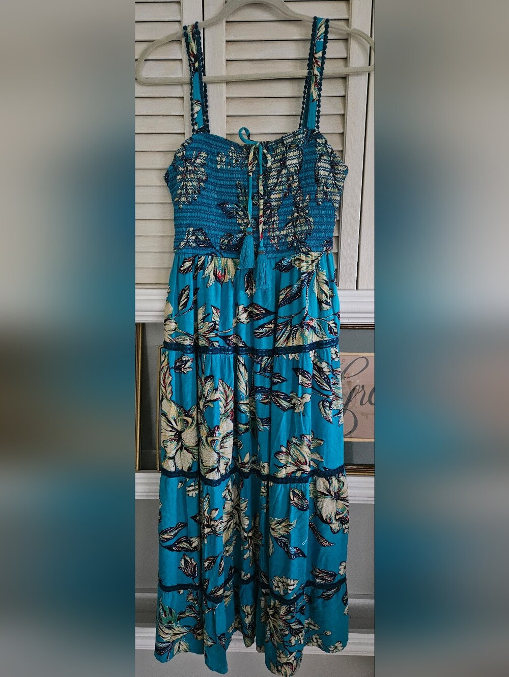 Band of the Free Teal Floral Smocked Tiered Maxi Dress S Boho Tassel